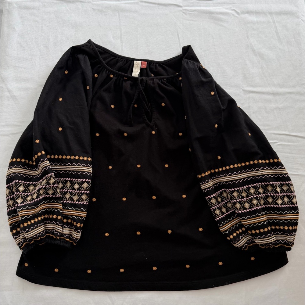 Anthropologie Pilcro Women’s Embroidered Black Balloon Sleeve Boho Top